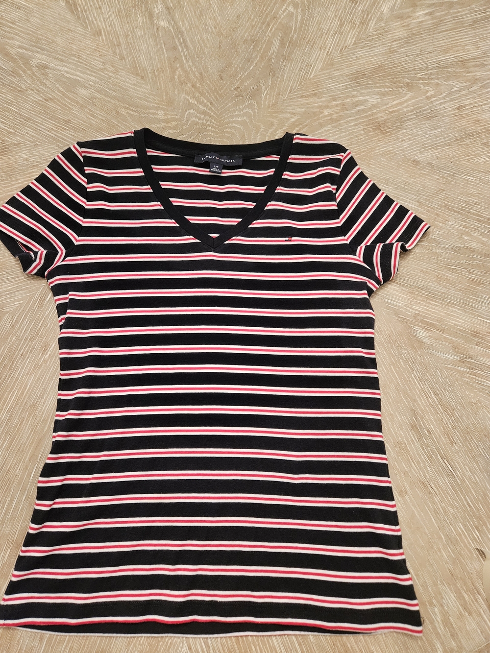 Tommy Hilfiger Red, White And Blue Striped V-Neck Tee